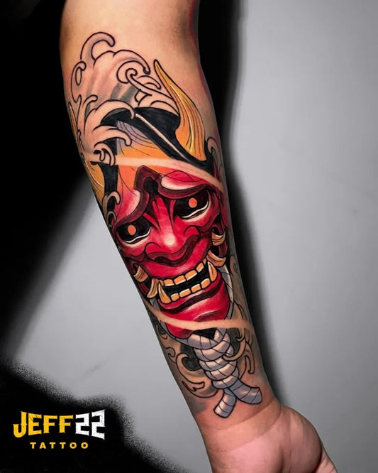 Big Japanese Hannya Mask on Men Arm Tattoo by @jeff22tattoo