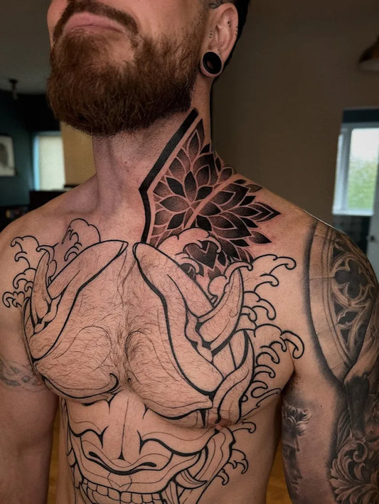 Big Japanese Hannya Mask on Men Chest Tattoo by @pip.fox.tattoos