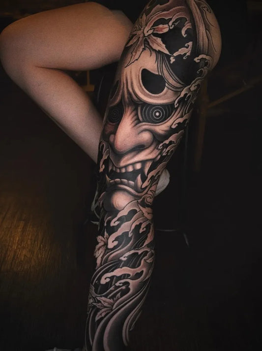 Big Japanese Hannya Mask on Women Arm Sleeve Tattoo by @blxcoxttt