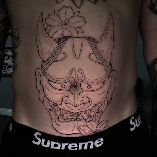Big Japanese Hannya Mask with Cherry Blossoms Tattoo on Men Stomach by @lordnugs