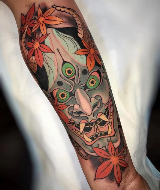 Big Japanese Hannya Mask with Maple Leaves on Men Arm Tattoo by @stupagdin