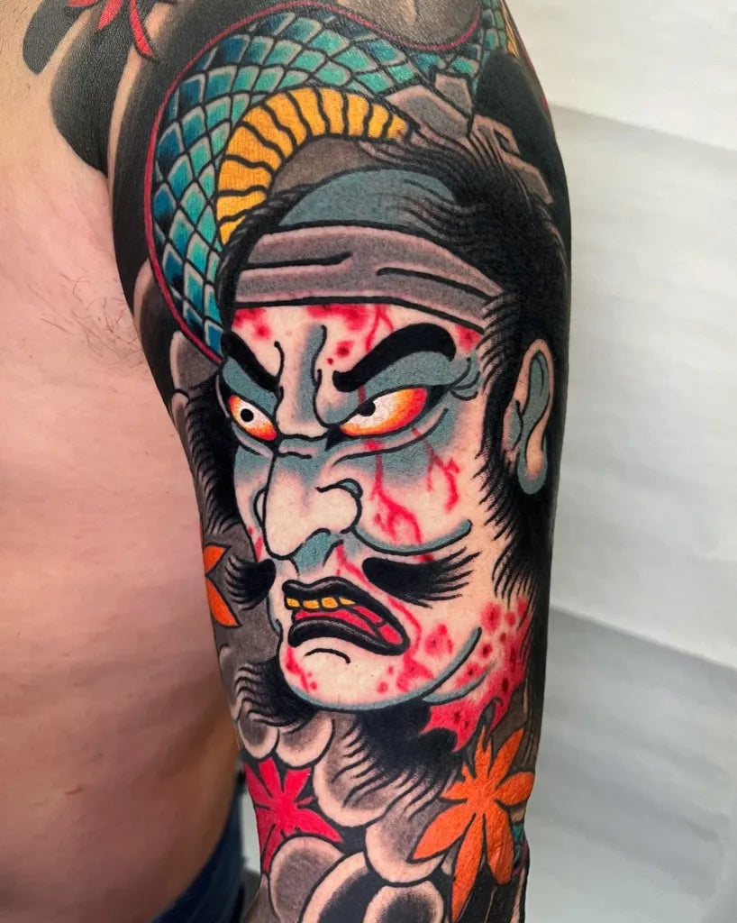 Big Japanese Hannya mask with dragon and maple leaves on Men Arm Tattoo by @fabrizioflaco