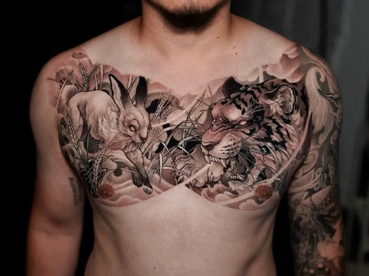 Big Japanese Hare and Tiger on Men Chest Tattoo by @anciea_kim