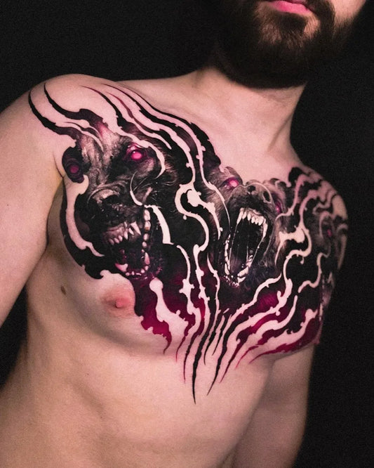 Big Japanese Howling Wolf Heads on Men Chest Tattoo by @tattoosfolder