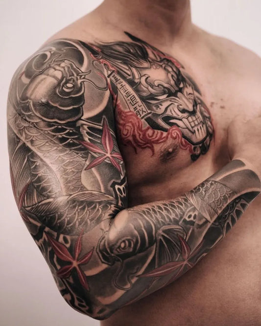 Big Japanese Koi Dragon Oni on Men Sleeve Tattoo by @malin.nc