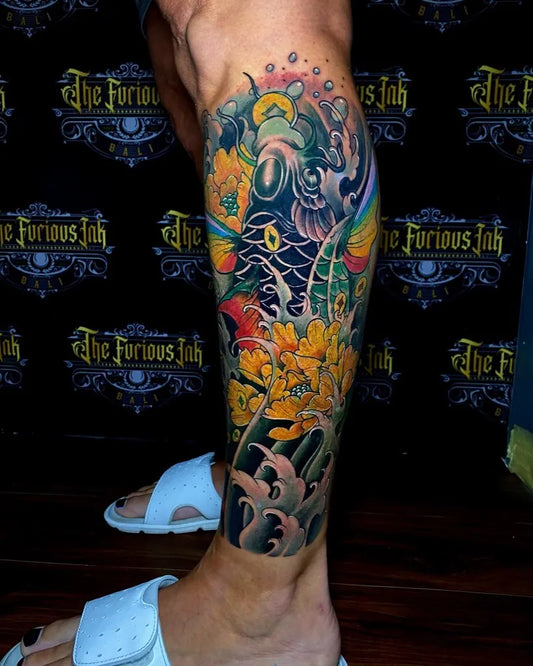 Big Japanese Koi Fish Flowers on Men Leg Tattoo by @the.furiousink