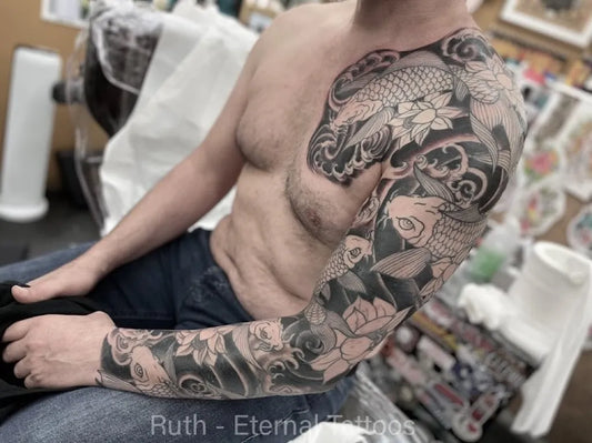 Big Japanese Koi Lotus Skull on Men Arm Tattoo by @eternaltattoos