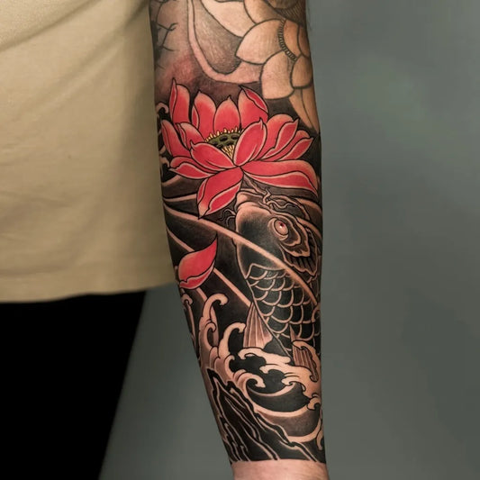 Big Japanese Koi Lotus Waves on Men Arm Tattoo by @aladdin_sgink
