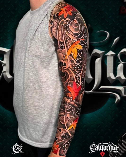 Big Japanese Koi Maple Skull on Men Arm Sleeve Tattoo by @californiainktattoobangkok