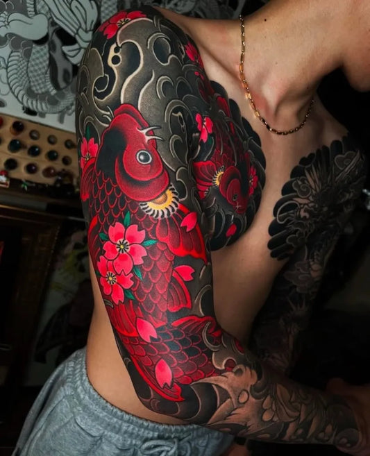 Big Japanese Koi and Cherry Blossom on Men Arm Sleeve Tattoo by @irezumiartist