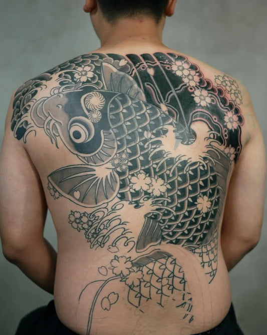 Big Japanese Koi and Cherry Blossoms on Men Back Tattoo by @mkamtattoo