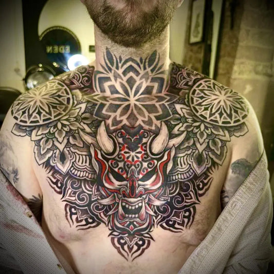Big Japanese Mandala Hannya Demon on Men Chest Tattoo by @samigraytattoo