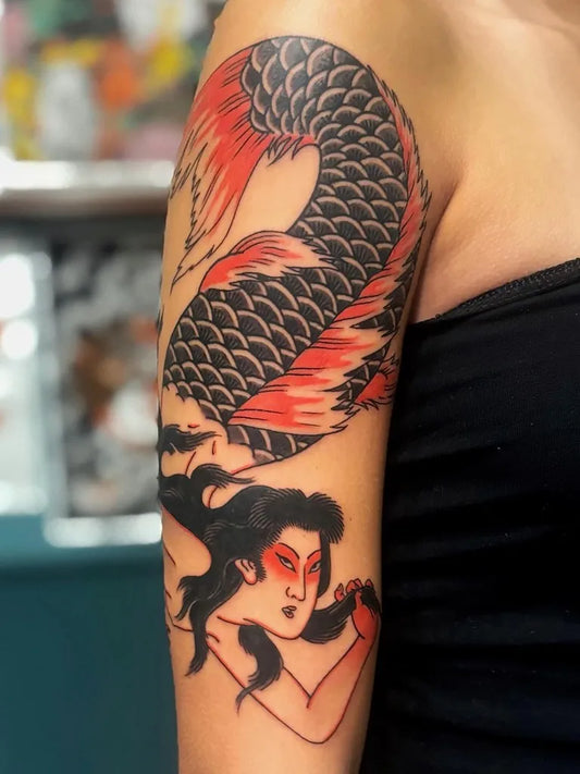 Big Japanese Mermaid Tattoo on Women Arm by @mattia_gaffo