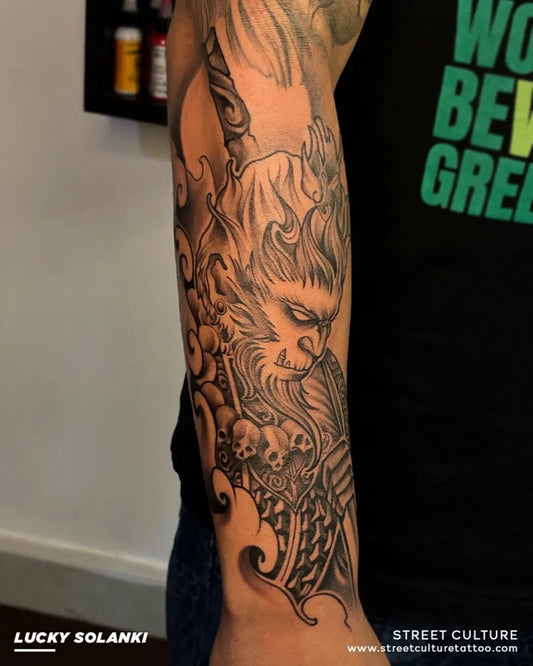 Big Japanese Monkey Demon on Men Arm Tattoo by @streetculturetattoo_official