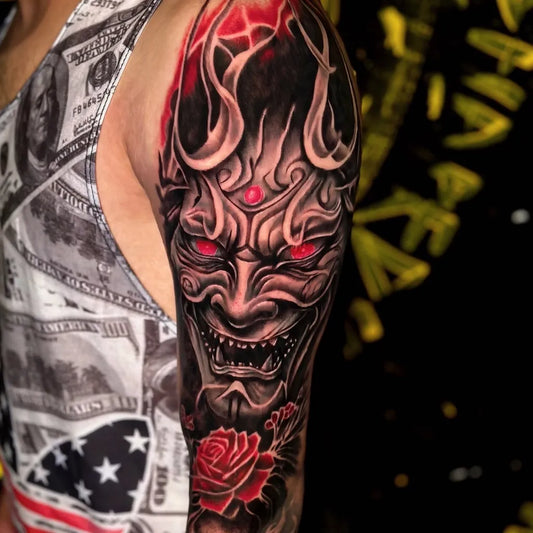 Big Japanese Oni Mask Rose Money on Men Arm Tattoo by @hosse__ink