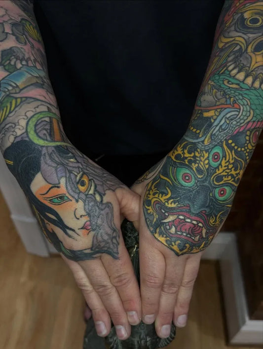 Big Japanese Oni Mask Woman Portrait Serpent on Men Hands Tattoo by @mattdeversontattoo