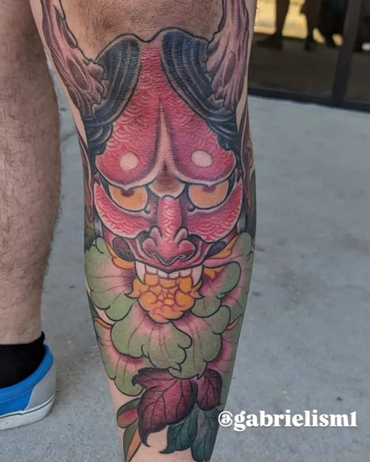 Big Japanese Oni Mask and Peony on Men Thigh Tattoo by @apollobeachtattooco