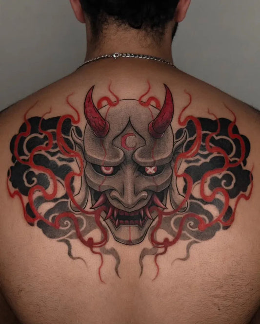 Big Japanese Oni Mask with Flames and Clouds on Men Back Tattoo by @duck37tattoo