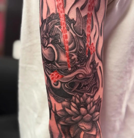 Big Japanese Oni Mask with Lotus and Flames on Men Arm Tattoo by @jr_the_artist