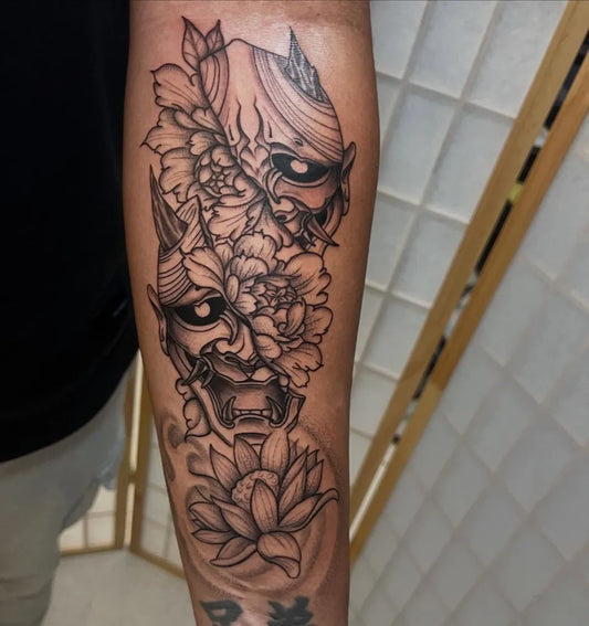 Big Japanese Oni Mask with Peony and Lotus on Men Arm Tattoo by @bendecida_tattoos