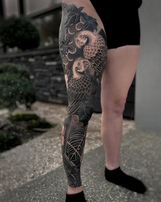 Big Japanese Peacock and Lotus on Women Thigh Tattoo by @hiromi.tattoo