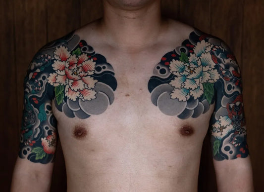 Big Japanese Peonies and Clouds on Men Chest Tattoo by @horiyotattoo