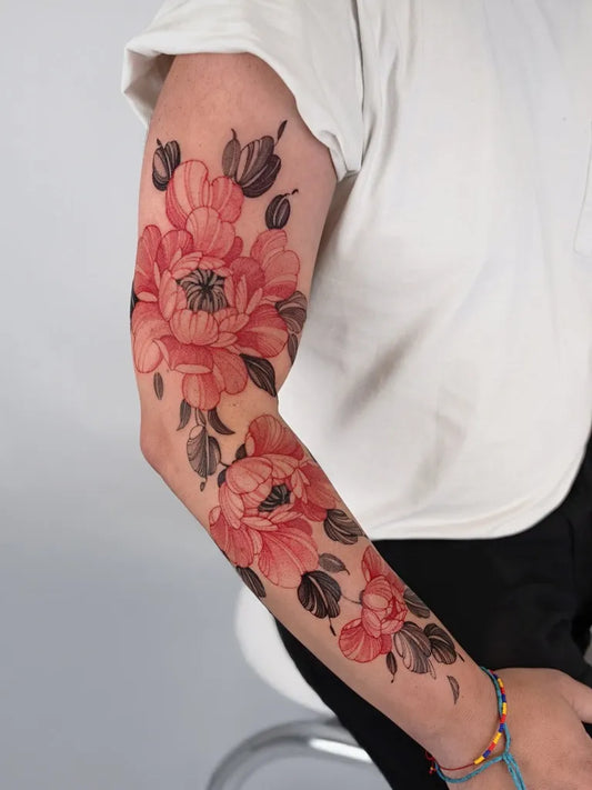 Big Japanese Peony Leaves on Women Arm Tattoo by @crush.on.line