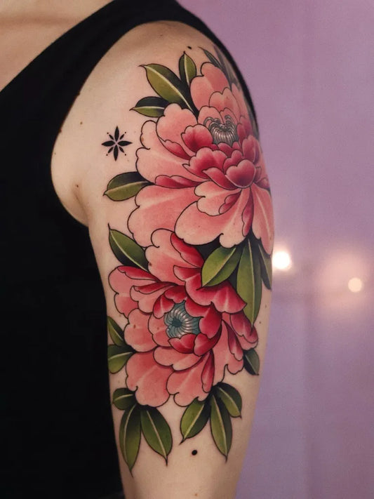 Big Japanese Peony Leaves on Women Shoulder Tattoo by @samuelamaggi
