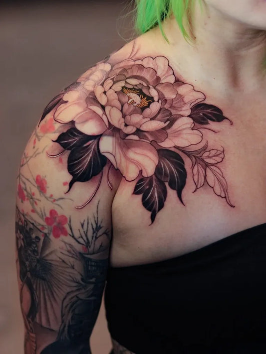 Big Japanese Peony and Cherry Blossom on Women Shoulder Tattoo by @steventat2