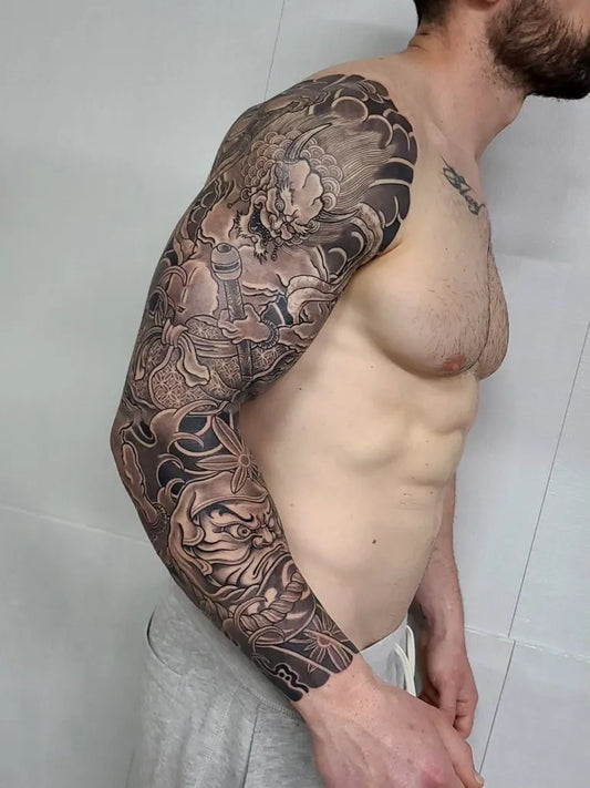 Big Japanese Peony and Tiger on Men Arm Sleeve Tattoo by @zin.tattoo