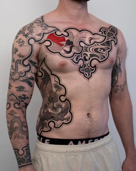 Big Japanese Phoenix Dragon Floral Patterns on Men Chest and Arm Tattoo by @saki.lss