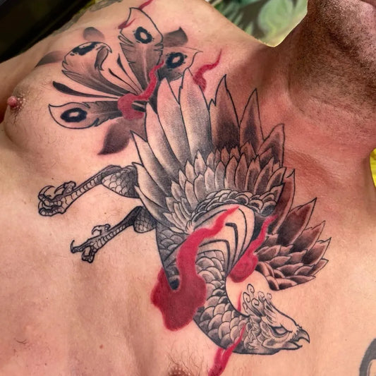 Big Japanese Phoenix on Men Chest Tattoo by @m.perez.tattoo