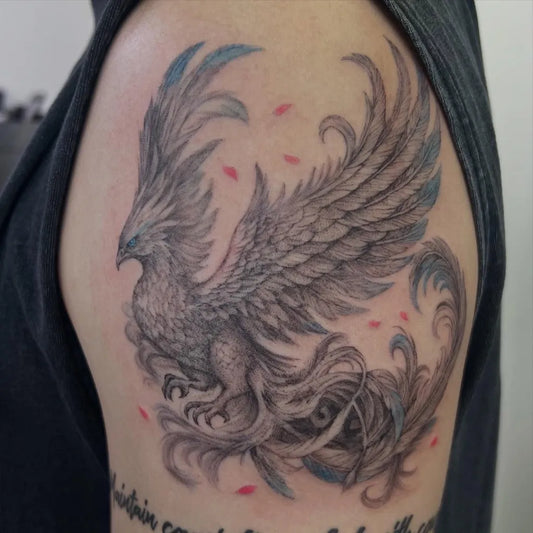 Big Japanese Phoenix with Flowing Flames on Women Shoulder Tattoo by @fanatictattoo.yokohama
