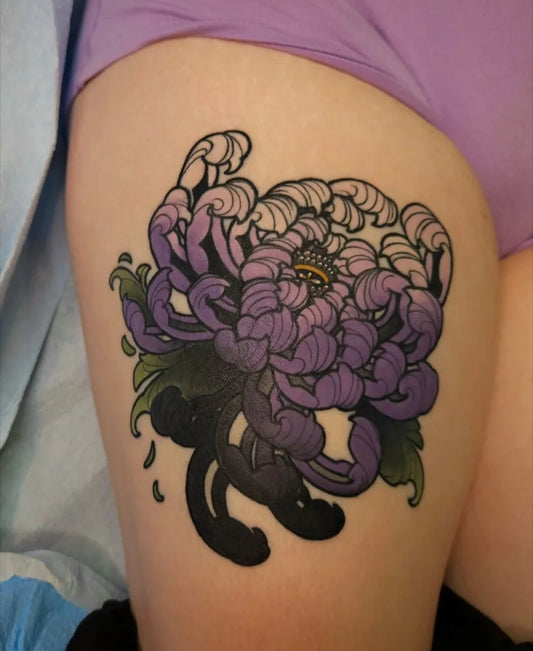 Big Japanese Purple Chrysanthemum Tattoo on Women Thigh by @sarahkat.tattoo
