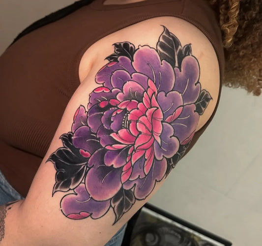 Big Japanese Purple Peony Women Arm Tattoo by @arissatattoo