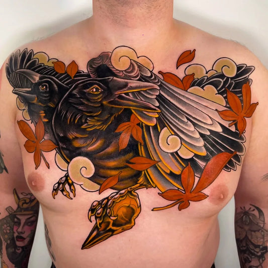 Big Japanese Raven with Maple Leaves and Clouds on Men Chest Tattoo by @dria.andria.tattoo