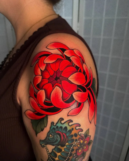 Big Japanese Red Chrysanthemum Seahorse Tattoo on Women Shoulder by @sarahameliatattoos