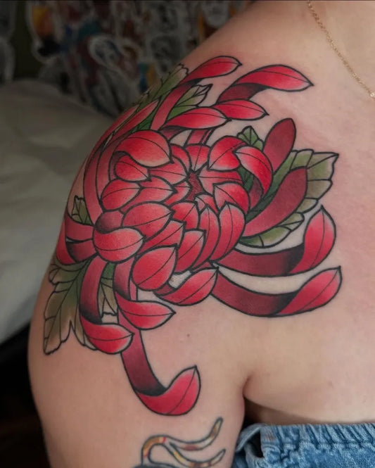 Big Japanese Red Chrysanthemum Tattoo on Women Shoulder by @xjoshxsxe