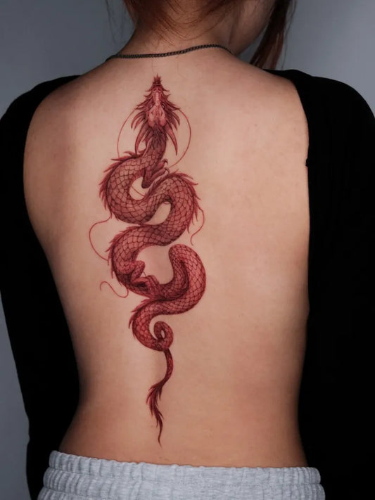 Big Japanese Red Dragon on Women Back Tattoo by @da.an_tattooer
