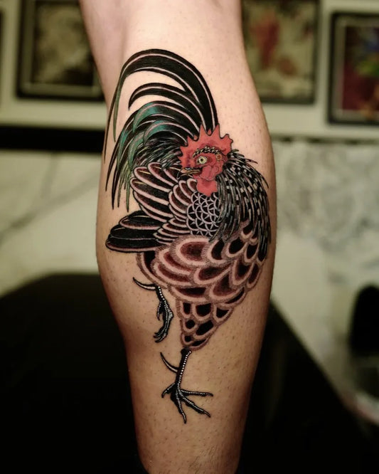 Big Japanese Rooster Tattoo on Men Calf by @jaya_mulet