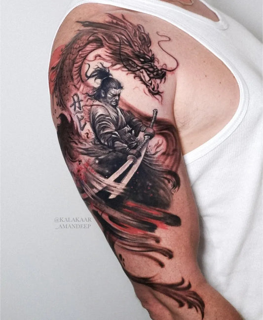 Big Japanese Samurai Dragon Tattoo on Men Arm by @devilztattooz.luxembourg