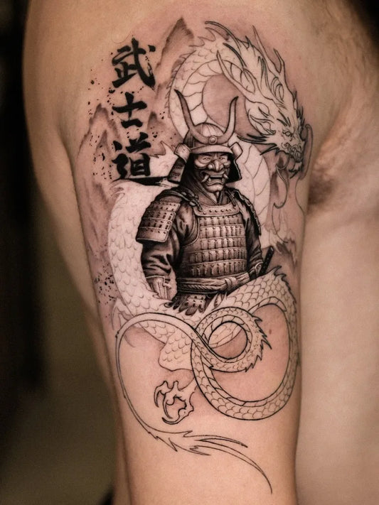Big Japanese Samurai Dragon Tattoo on Men Arm by @michael.gaiman