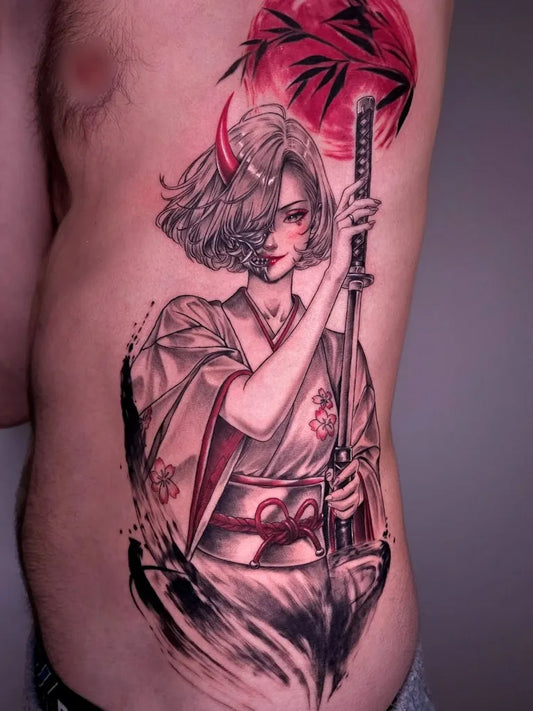 Big Japanese Samurai Girl with Katana Tattoo on Men Torso by @tattooist_os