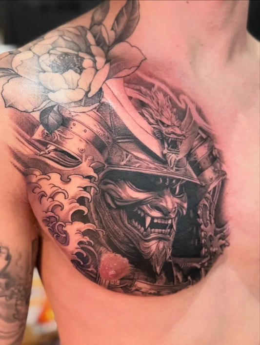 Big Japanese Samurai Hannya Mask Peony Waves on Men Chest Tattoo by @clanlachlan
