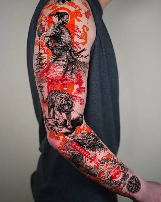Big Japanese Samurai Tiger on Men Arm Tattoo by @tattoosfolder