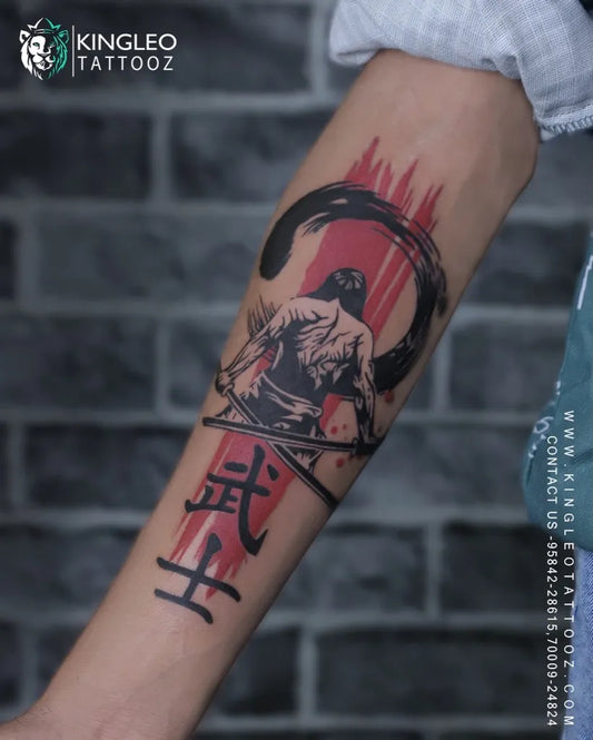 Big Japanese Samurai with Kanji Tattoo on Men Arm by @kingleo_tattooz