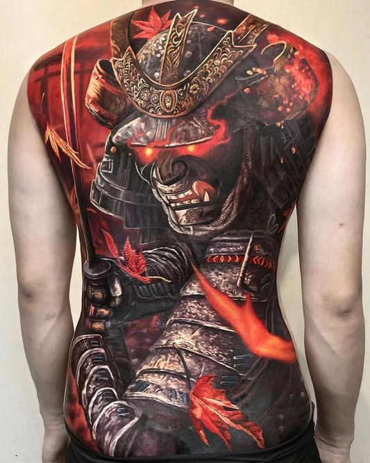 Big Japanese Samurai with Maple Leaves and Flames on Men Back Tattoo by @tattoosfolder