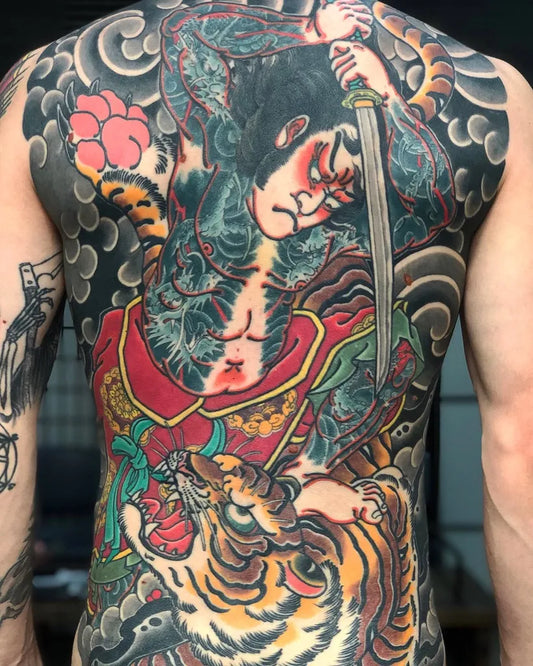 Big Japanese Samurai with Sword and Tiger on Men Back Tattoo by @alexrusty