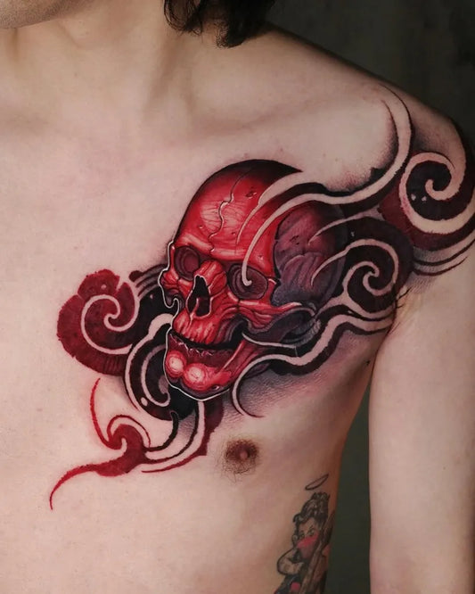 Big Japanese Skull with Smoke on Men Shoulder Tattoo by @tattoosfolder