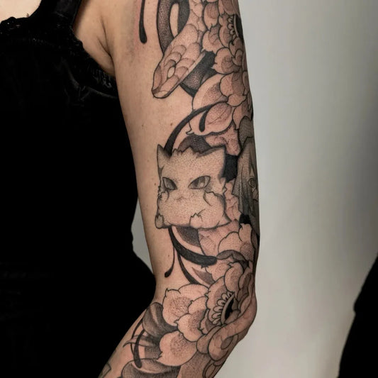 Big Japanese Snake Cat Flowers on Women Arm Sleeve Tattoo by @palerain.tattoo
